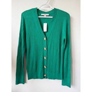 Loft Womens Ribbed V-Neck Cardigan Sweater Emerald Green Button Front Size M NEW
